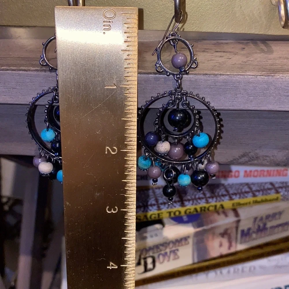 Black turquoise taupe gray dangle earrings 2.75”​